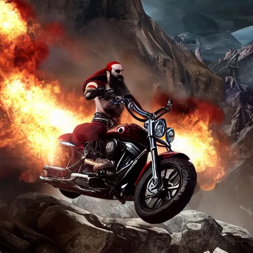 Prompt: kratos jumping a black harley - davidson motorcycle off a cliff, cinematic render, playstation studios official media, god of war 2 0 1 8, flames, centered