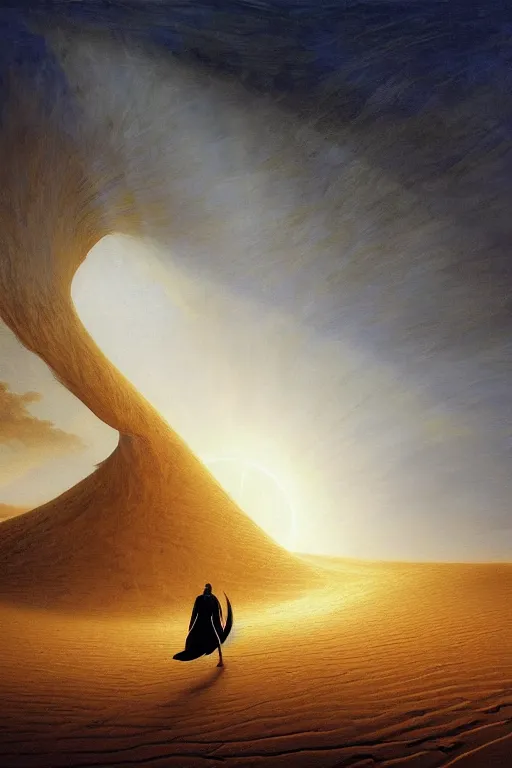 Image similar to a glowing magical portal inside a wave made of sand fantasy empty quarter desert, portal, a man watching over, sci fi, lightning, night, midnight, arabia, by caspar david friedrich by james gillard and justin gerard, artstation, smooth, sharp focus, by jean baptiste, bernardo bellotto