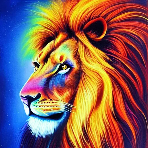 Image similar to luminescent colorful detailed airbrush painting of lion with long flowing mane