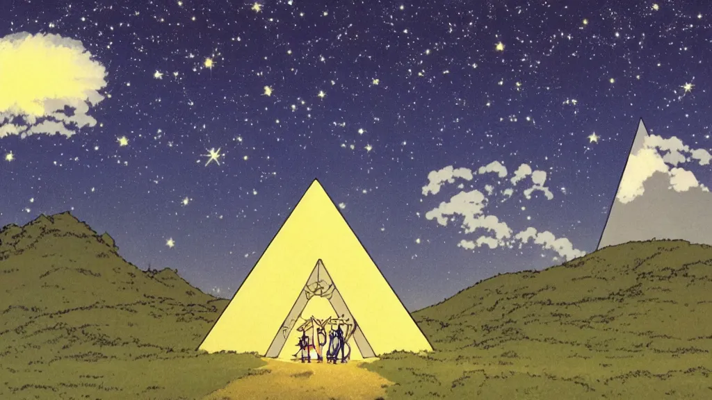 Prompt: a movie still from a studio ghibli film showing a large white pyramid and a golden ufo on a misty and starry night. by studio ghibli