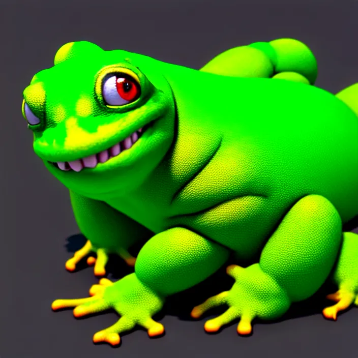 Image similar to a fat anthropomorphic male green gecko fursona with big eyes waddling across vrchat, cute, 3 d, octane render, furry