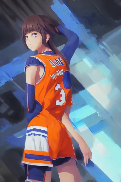 Image similar to A ultradetailed beautiful panting of a stylish anime girl, she is wearing a New York Knicks basketball jersey, Oil painting, by Ilya Kuvshinov, Greg Rutkowski and Makoto Shinkai