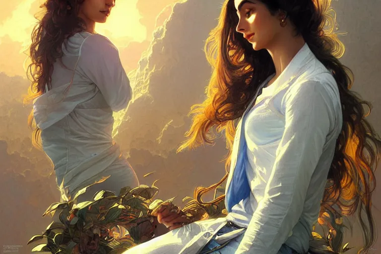 Image similar to Sensual good looking pale young Indian doctors wearing jeans in a space elevator above Earth, portrait, elegant, intricate, digital painting, artstation, concept art, smooth, sharp focus, illustration, art by artgerm and greg rutkowski and alphonse mucha