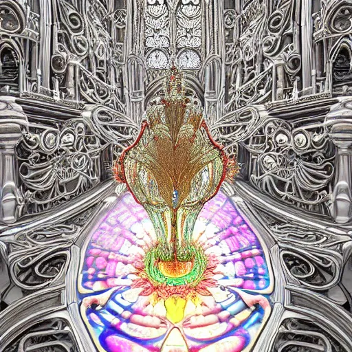 Image similar to beautiful hyperrealistic 3 d render of a delicate ivory sculpture of an ornate detailed cathedral populated by mandelbrot fractals by android jones, micro detail, unreal engine, dramatic lighting, psychedelic, octane renderer, catholicpunk, glowing, white color scheme, photorealistic, physically based rendering, angelic, hyper detailed, colorful, carved soap, trending on cgsociety