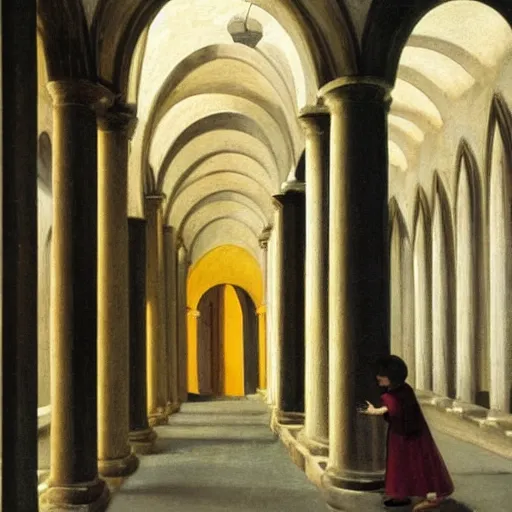 Image similar to in the distance, a little girl with short black hair and wearing a yellow coat alone in the inner courtyard of a cloister in an abbey, the light is bright and wintry, painting by hopper and de chirico