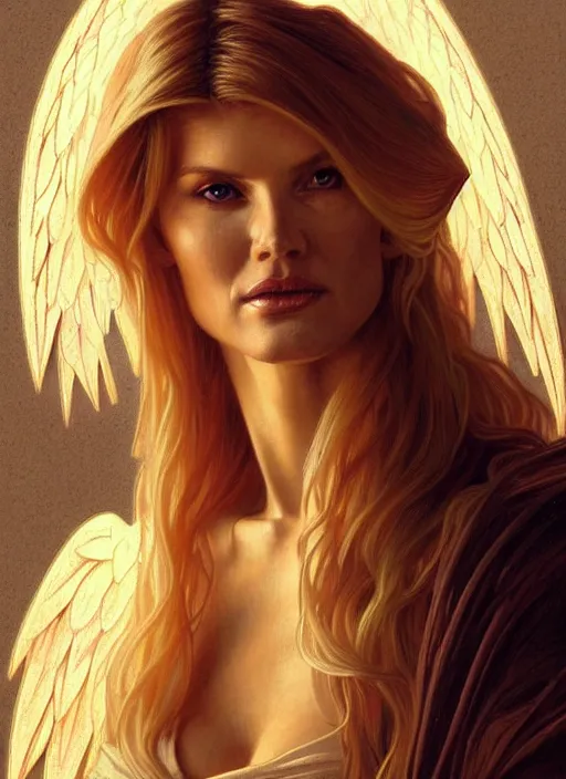 Image similar to portrait of victoria silvstedt as an angel, bible, katholic, intricate, headshot, highly detailed, digital painting, artstation, concept art, sharp focus, cinematic lighting, illustration, art by artgerm and greg rutkowski, alphonse mucha, cgsociety