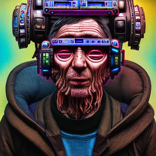 Image similar to Colour Photography of 1000 years old man with highly detailed 1000 years old face wearing higly detailed cyberpunk VR Headset designed by Josan Gonzalez Many details. Man raging screaming . In style of Josan Gonzalez and Mike Winkelmann andgreg rutkowski and alphonse muchaand Caspar David Friedrich and Stephen Hickman and James Gurney and Hiromasa Ogura. Rendered in Blender