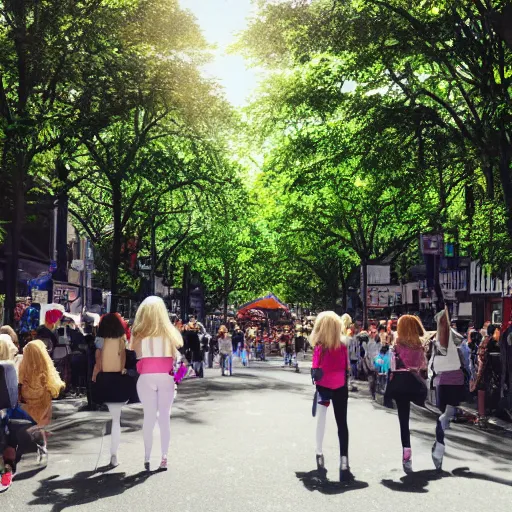 Image similar to blonde - haired princess, anime princess, wearing black jacket and white leggings, looking through crowd, town street, festival street, trees, green trees, blue lighting, blue sunshine, strong lighting, strong shadows, vivid hues, ultra - realistic, sharp details, subsurface scattering, intricate details, hd anime, 2 0 1 9 anime