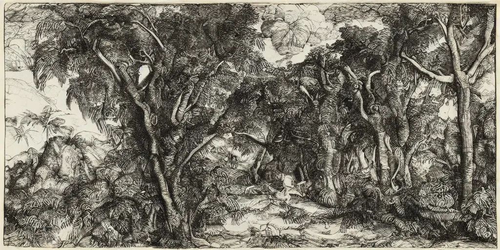 Prompt: A ready made by Marcel Duchamp, in a tropical forest by Albrecht Dürer, ink, engraving, 17th century, landscape