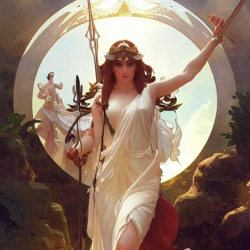 Image similar to goddess artemis descending from olympus, artstation, concept art, smooth, sharp focus, illustration, art by artgerm and greg rutkowski and alphonse mucha and william - adolphe bouguereau