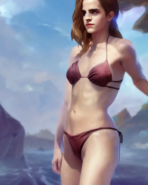 Image similar to full body league of legends portrait of emma watson wearing a bikini, au naturel, hyper detailed, digital art, trending in artstation, cinematic lighting, studio quality, smooth render, unreal engine 5 rendered, octane rendered, art style by klimt and nixeu and ian sprigger and wlop and krenz cushart.