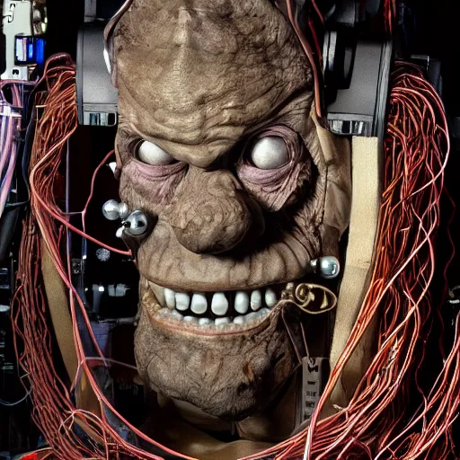 Image similar to animatronic John C. Reilly, exposed wires, photo, Stan Winston studios, detailed, 4k