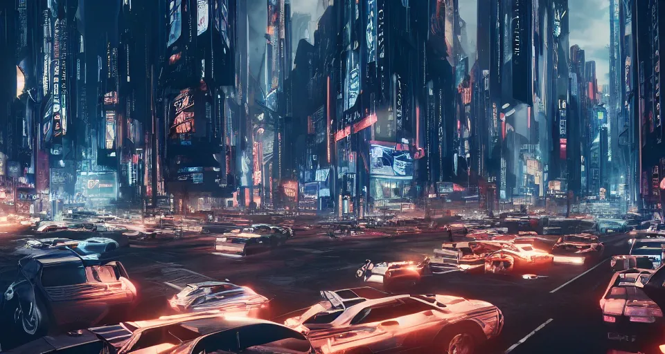 Image similar to An epic, distopian cityscape with many cars in the style of bladerunner with a blond man in a suit in the center and another man in a Trenchcoat talking to hin in secret, unreal 5, DAZ, hyperrealistic, octane render, volumetric clouds, dynamic lighting