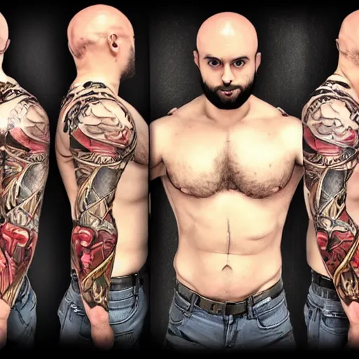 Image similar to muscular bald man, tattooed body, sword in hands, HD, anime style,