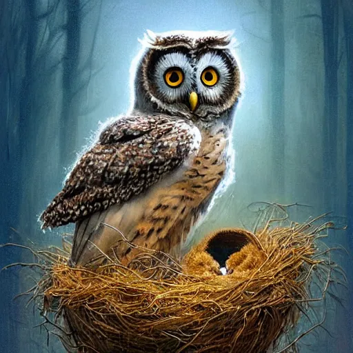 Image similar to long shot of a very cute owl chick nesting in a cup, esao andrews, by m. w. kaluta, soulful illustration, hyperrealistic, big depth of field, warm colors, night scenery, low light, 3 d octane render, 4 k, volumetric lights, intricate, smooth, cosy atmosphere, conceptart, hyperdetailed, hyperrealistic, trending on artstation