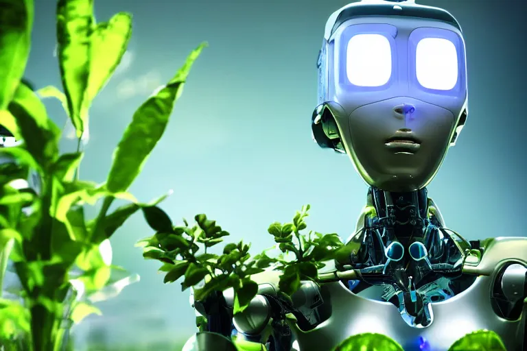 Prompt: photograph of an androgynoid robot taking care of plants on an inter - galactic spaceship, 8 k, beautiful lighting, shallow depth of field, ultra realistic, hyper - detailed, sci - fi movie style, coherent composition,