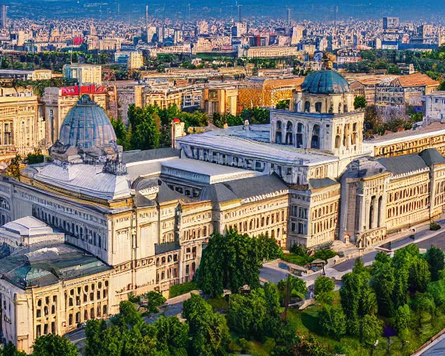 Prompt: 4 k hd, high resolution photograph of bucharest palace of parliament, full colour, shot with sigma f / 4. 2, 2 5 0 mm sharp lens, wide shot, high level texture render