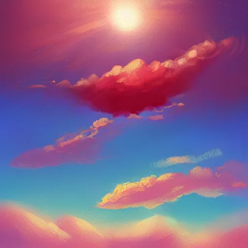 Image similar to a small sailboat flying through the sky, fluffy clouds, red-pink sunset, floating, fantasy, concept art, illustration, artstation award, bright