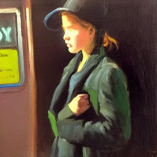 Image similar to “ a girl in the new york city subway, oil painting, by george bellows ”