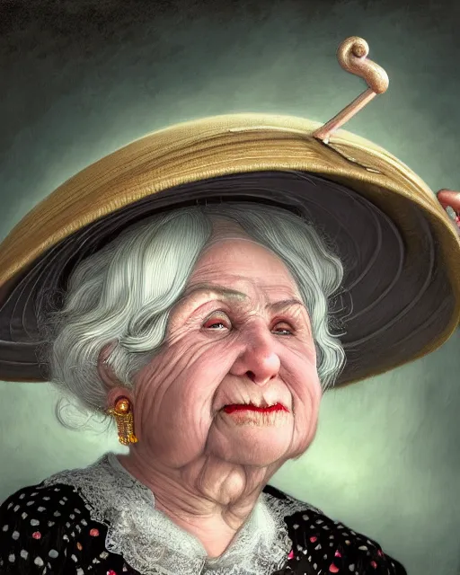 Prompt: highly detailed closeup, of a fat shiny ceramic white hair old wrinkled woman dressed in victorian hat and clothes holding an umbrella over her head, hyper realistic, artstation, illustration, nicoletta ceccoli, mark ryden, lostfish, dan decarlo, bob clampett, max fleischer, digital paint, matte paint, vivid colors, detailed and intricate environment