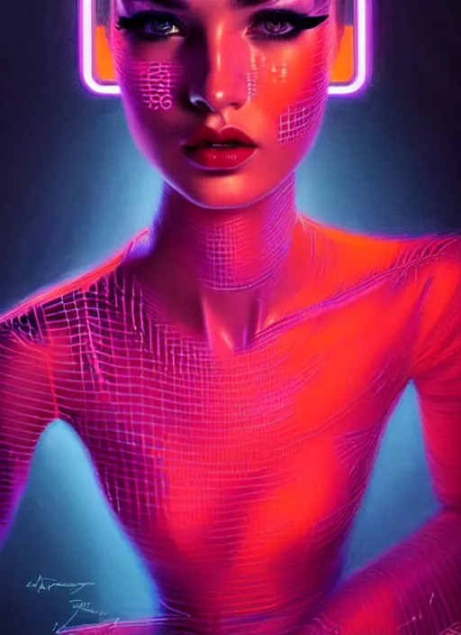 Image similar to photorealistic portrait of female humanoid, cyber neon lights, highly intricate, retro 6 0 s haute couture fashion, elegant, highly detailed, crispy quality, trending on artstation, trending on pinterest, glamor pose, no signature, no watermark, art by artgerm and greg rutkowski