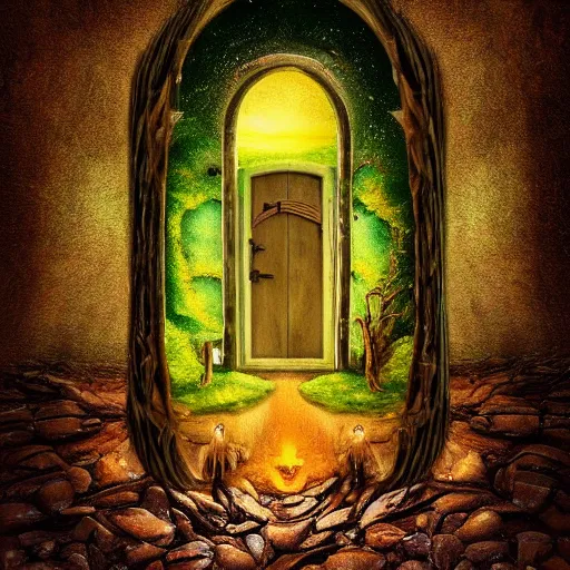 Image similar to A magical Doorway to the land of the pixies , surrealism,