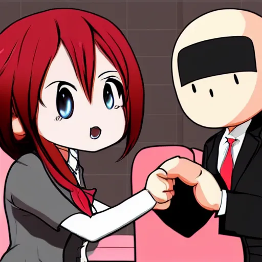 Prompt: agent 47 shaking hands with a kawaii anime girl, incredibly detailed