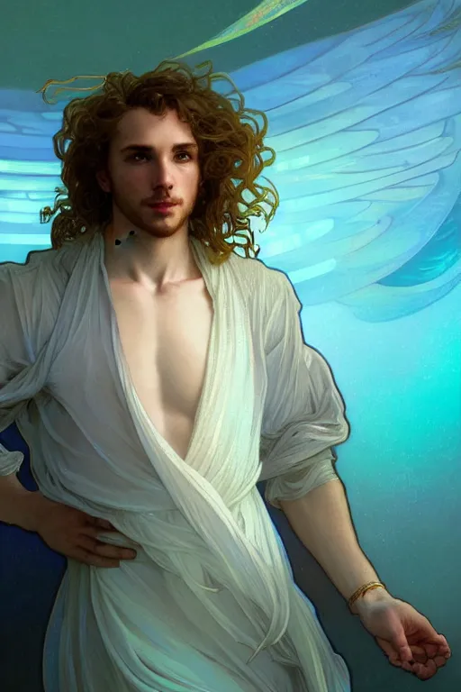 Image similar to portrait of a beautiful young fit male angel with curly blond hairs, dressed with fluent clothes, luminous scene, by greg rutkowski and alphonse mucha, d & d character, gradient white to cyan, in front of an iridescent background, highly detailed portrait, digital painting, artstation, concept art, smooth, sharp focus ilustration, artstation hq