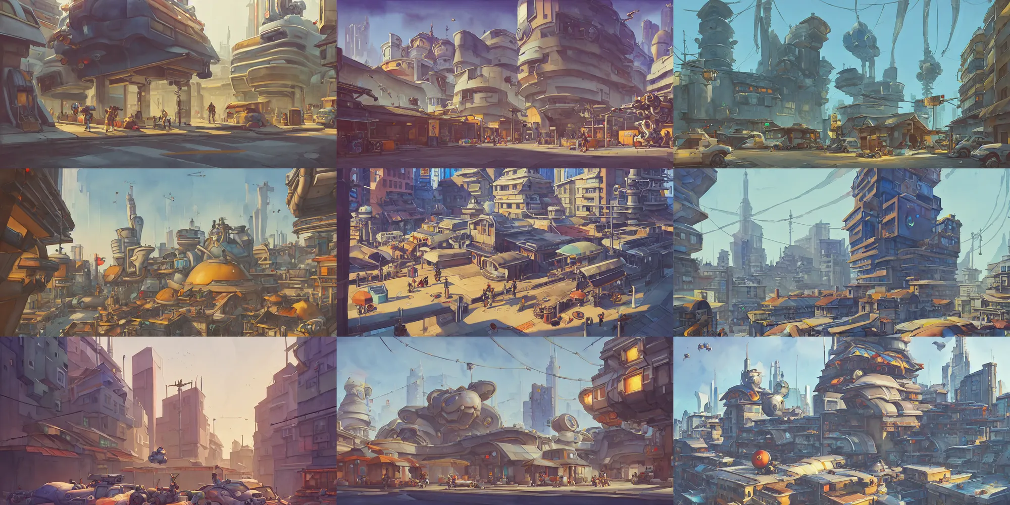 Prompt: overwatch building, stylized, exterior, architecture, in watercolor gouache detailed paintings, insanely detail, artstation, 8 k, futuristic, big medium small, arcane, simon stalenhag, food stall, interesting shapes & form, golden ratio, megastructures, vitaly bulgarov, slums, cityscape