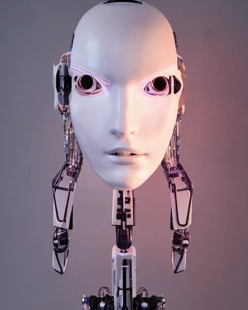 Prompt: beautiful photo of sensual dancer as a cyberpunk mecha humanoid robotic head shoulder parts with straight bright led lights, inside white room, ultra - realistic and detailed, 8 k