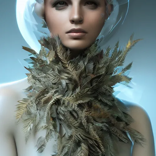 Image similar to a highly detailed digital image of a futuristic woman elegantly wrapped with leaves, by Andrea Chiampo, artstation and Frederik Heyman, extremely detailed woman, stunning volumetric lighting, hyper realism, fantasy 4k