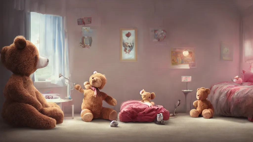 Image similar to a Photorealistic hyperrealistic render of an interior of a beautifully decorated spoiled child's beautiful bedroom, Close up low angle view of a vintage wind up toy robot on the floor with a giant teddy bear sitting on the bed by PIXAR,Greg Rutkowski,WLOP,Artgerm,dramatic moody sunset lighting,long shadows,Volumetric, cinematic atmosphere, Octane Render,Artstation,8k