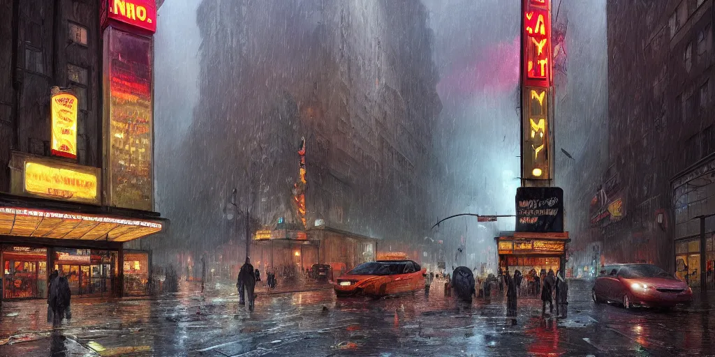 Image similar to an old cinema, new york, rainy day, matte painting, marc simonetti, artstation