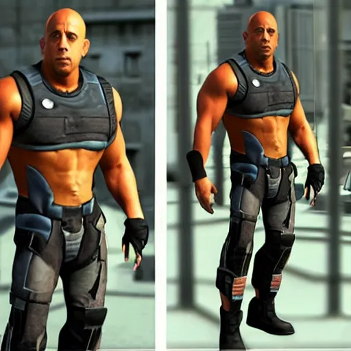 Image similar to Vin Diesel donning an HEV Mk. V suit starring in Half-Life 2