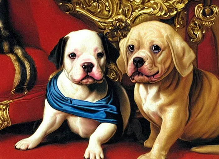 Prompt: baroque rococo painting The Fancy Royal Pitbull Puppies in the fancy parlor portrait Greg Hildebrandt high detail cute