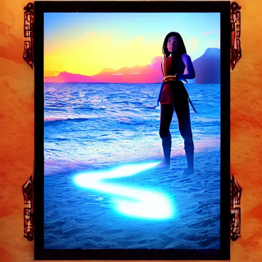 Prompt: photo, real life katara from avatar, beach, sand 7 2 8 4 5 intrinsic details, highly artistic, volumetric lighting