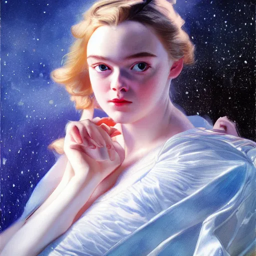 Prompt: leyendecker and peter paul rubens, head and shoulders portrait of a elle fanning, nighttime, at the pool, starry sky, unreal engine, fantasy art by global illumination, radiant light, detailed and intricate environment