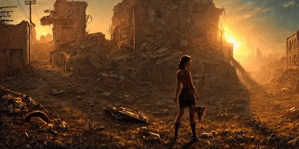 Image similar to fallout 5 concept art, female protagonist and feline companion, outdoor scene, some in the ruined city, atmospheric lighting, painted, cinematic, wide angle shot, intricate, volumetric lighting, beautiful, gritty, rich deep colours masterpiece, golden ratio, golden hour, sharp focus, ultra detailed by jack kirby, ignacio fernandez rios, thierry doizon