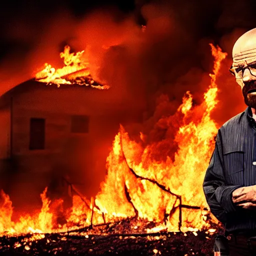 Image similar to a photo of walter white standing in front of a building on fire, highly detailed, 4 k