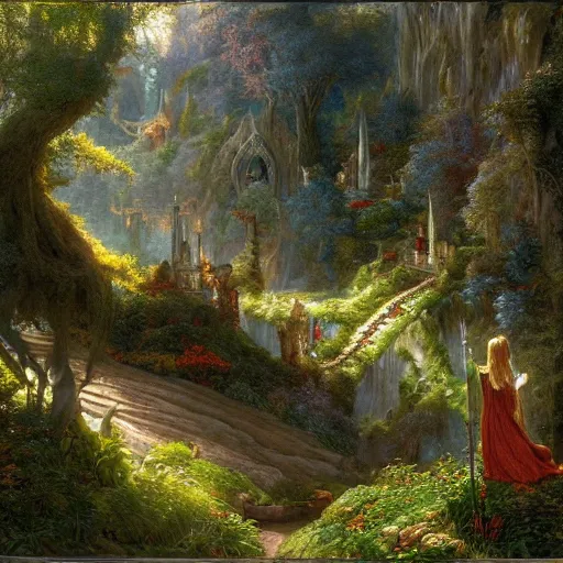 Image similar to a beautiful and highly detailed matte painting of an elven garden in a mystical forest in a dreamy valley deep in the tall mountains of avalon, intricate details, epic scale, insanely complex, 8 k, sharp focus, hyperrealism, very realistic, by caspar friedrich, albert bierstadt, james gurney, brian froud,