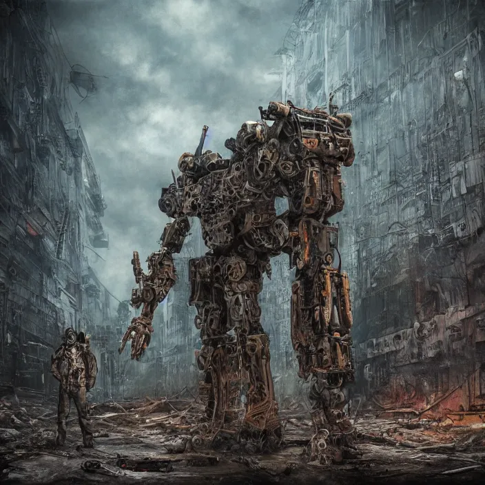 Image similar to gritty apocalyptic scene of human standing next to mech, hyper - detailed, sharp focus, 4 k ultra hd, fantasy dark art, apocalyptic art