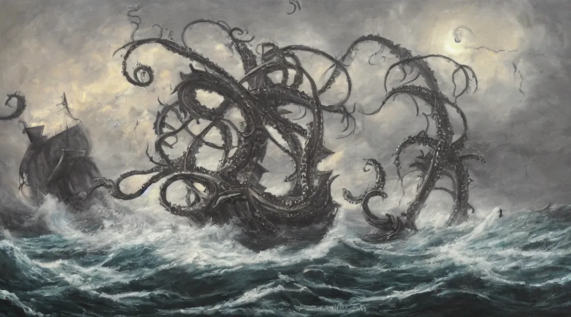 Image similar to oil painting of a kraken attacking a pirate ship