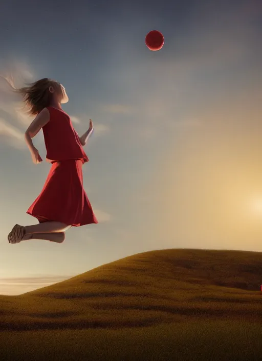 Image similar to a yellow landscape with houses, big red orb in the sky, behind the landscape, a girl levitating above the landscape by miraruido, volumetric lighting, 8 k