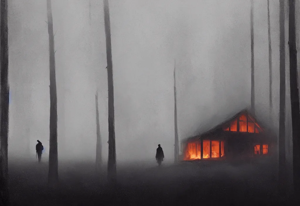 Image similar to the silhouette of a man in trench coat in front of a large burning wooden cabin, night, foggy, gloomy, mysterious, artstation, jakub rozalski, high detail