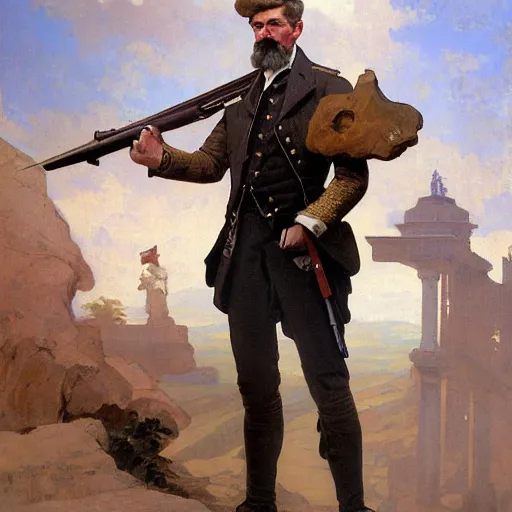 Prompt: classical painting of John Brown holding a futuristic rifle, wearing men's 1800s garb, intricate, elegant, digital painting, concept art, smooth, sharp focus, illustration, normal human physique, art nouveau, by Ruan Jia and Dan Mumford and Alphonse Mucha and Mandy Jurgens and Artgerm and William-Adolphe Bouguerea
