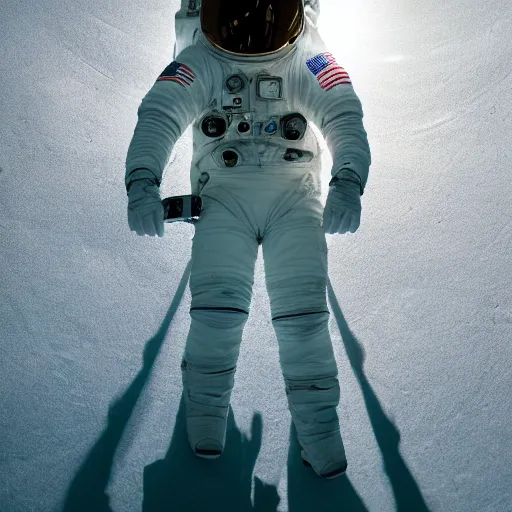 Image similar to photograph of an astronaut against the darkness of space, singular light source from below, full body photo, amazing light and shadow contrast, 8 k