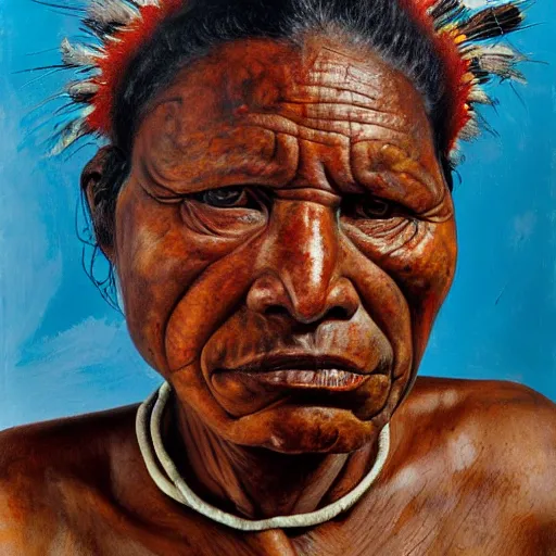 Prompt: high quality high detail painting by lucian freud and jenny saville, hd, full body of a indigenous tribe leader, turquoise color, photorealistic lighting