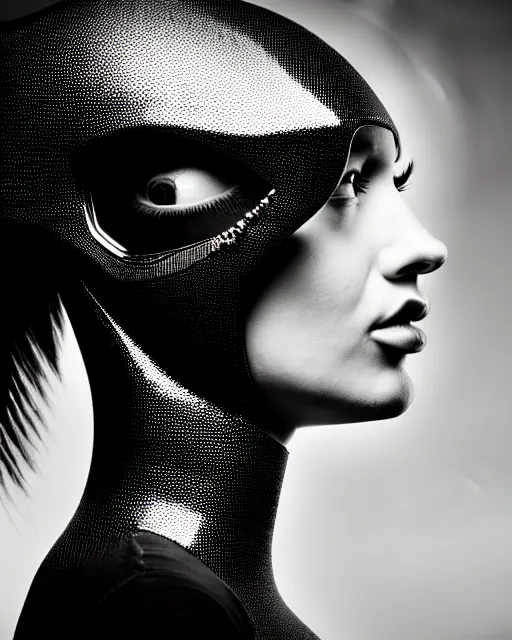 Image similar to a profile portrait, a stunning young woman - cyborg with a mutant crow head, editorial photography, bw, shot on 7 0 mm, depth of field, f / 2. 8, high contrast, 1 6 k, volumetric lighting, shiny, insanely detailed and intricate, hypermaximalist, elegant, ornate, hyper realistic, super detailed