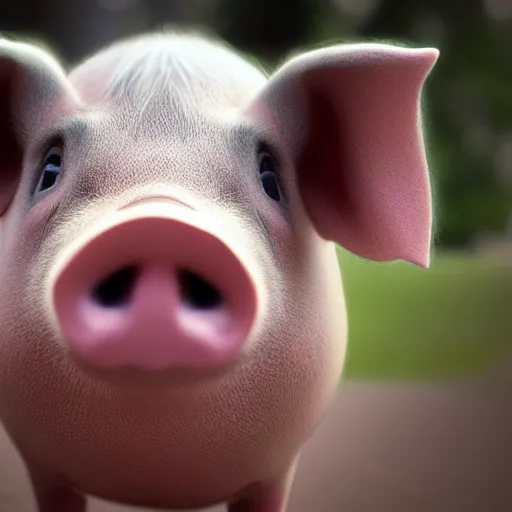 Prompt: An pig smiling into the camera, portrait, artstation, realistic, highly detailed, bokeh, by Alex Flores