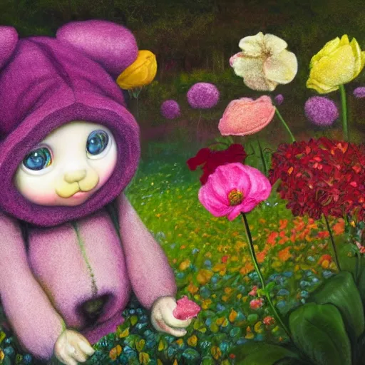 Prompt: Beanie Baby made out of flowers, surreal landscaping in the background, portrait by Esao Andrews, concept art, existential horror, 4k HD, trending on ArtStation